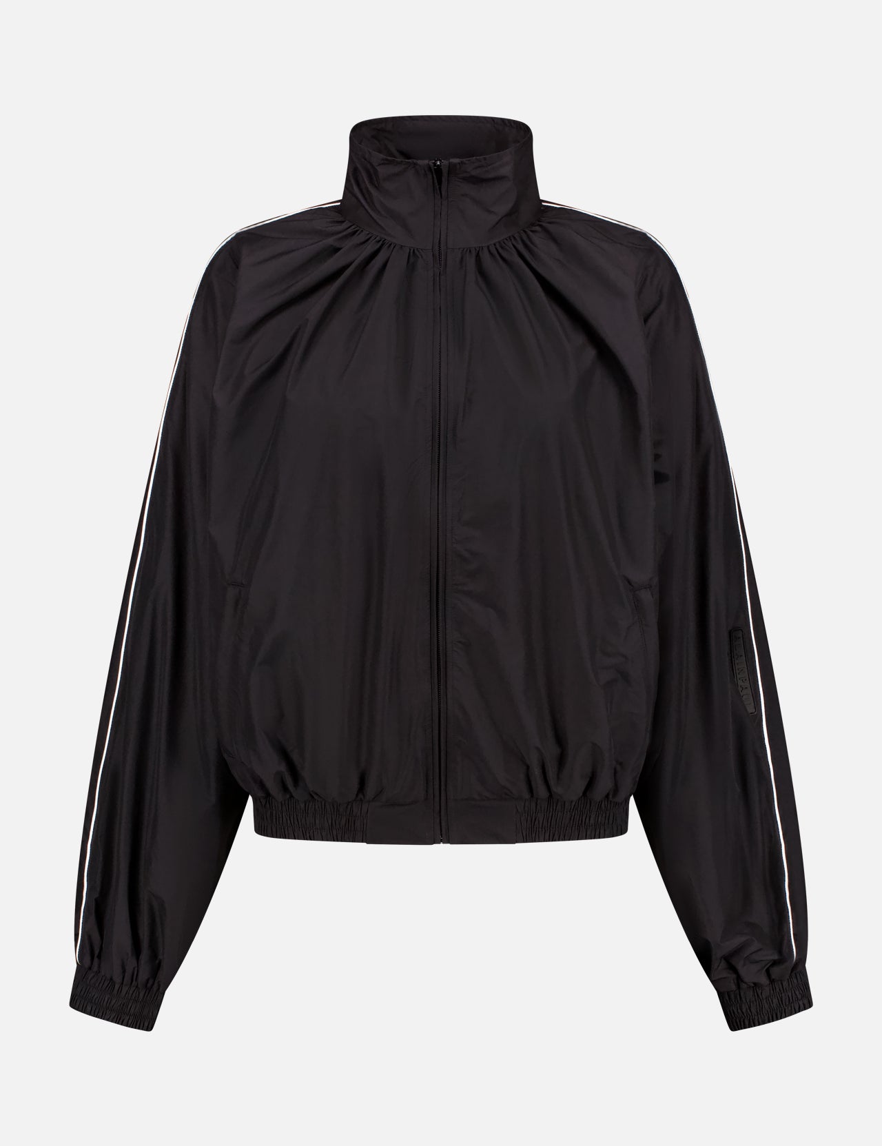 The ALAINPAUL Gathered Neck Track Jacket features a black design with a high collar, white sleeve stripes, and elastic cuffs and waistband. Shown on a plain white background, it’s ideal for athletic or dance-inspired outfits.
