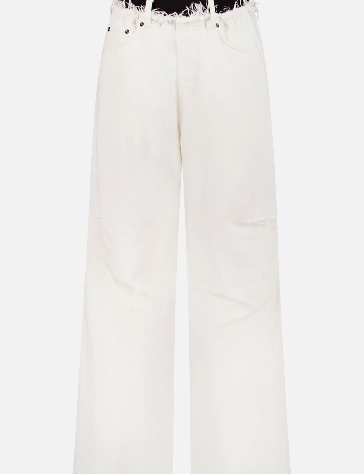 ALAINPAUL Japanese Denim Knee Pants feature a high waist, wide-leg fit, frayed and distressed waistband, belt loops, and button closure. Shown on a plain white background.