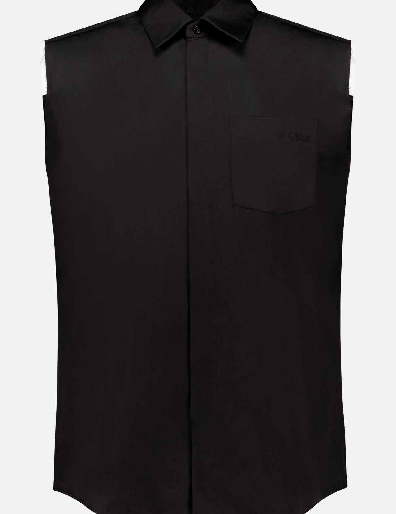 The ALAINPAUL Layered Shoulder Shirt is a black, sleeveless 100% cotton top with a button-up front, collar, and chest pocket, shown against a plain white background.