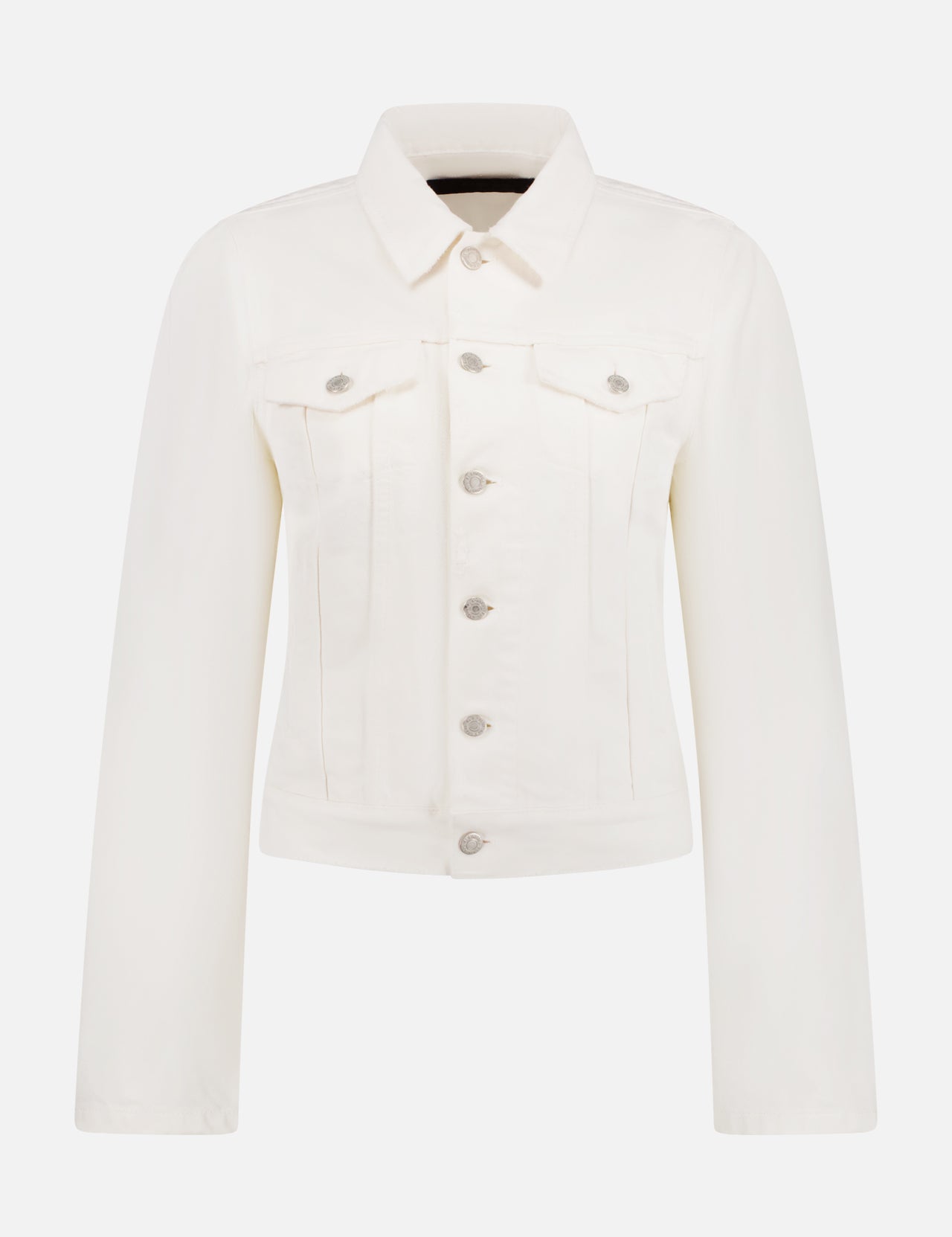 A front view of the ALAINPAUL Molded Shoulder Denim Jacket in white, featuring a collar, long sleeves, button closures, and two chest pockets, displayed on a plain white background—ideal for spring fashion.