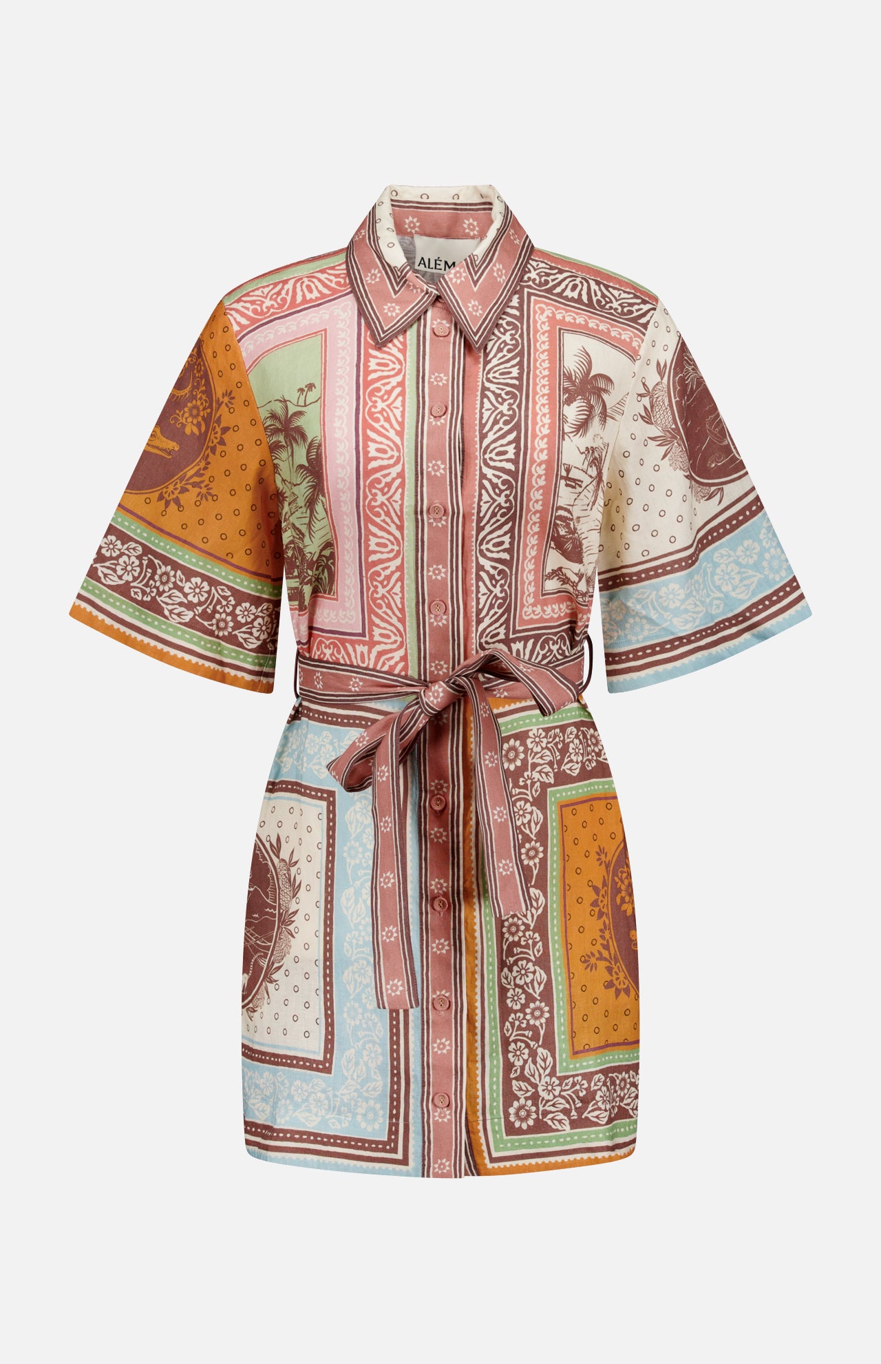 The Alberta Mini Linen Dress by ALEMAIS is a short-sleeved, belted shirtdress with a vibrant patchwork of brown, rust, green, yellow, and blue prints—perfect as a breezy beach dress.