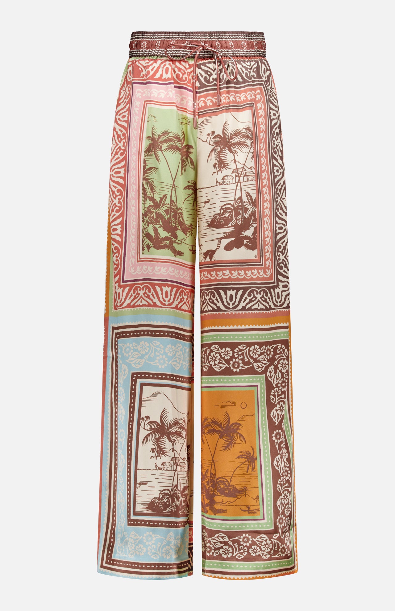 The Alberta Silk Pull-on Pant by ALEMAIS features a wide-leg, relaxed fit and a colorful patchwork of tropical palm tree and beach scenes. These bohemian silk joggers offer a comfy drawstring waist for easy wear.