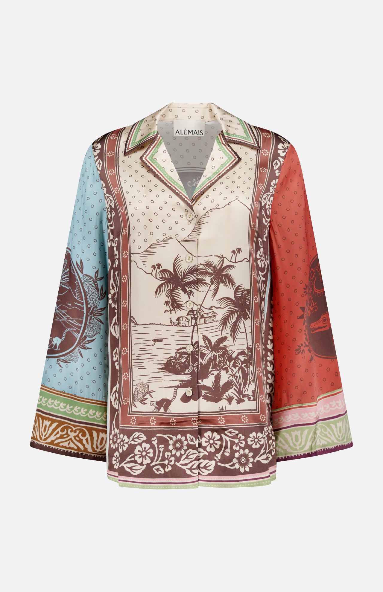 The ALEMAIS Alberta Silk Relaxed-fit Shirt features long sleeves, a notched collar, and a bohemian tropical landscape print in brown, cream, blue, red, and green. Intricate borders and the brand label at the neck make it ideal resort wear.