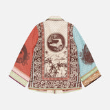 The Alberta Silk Relaxed-fit Shirt by ALEMAIS features long sleeves and a patchwork design in red, beige, brown, and blue with tropical, animal, and floral motifs—snake and palm tree details on the back make it ideal for resort wear.