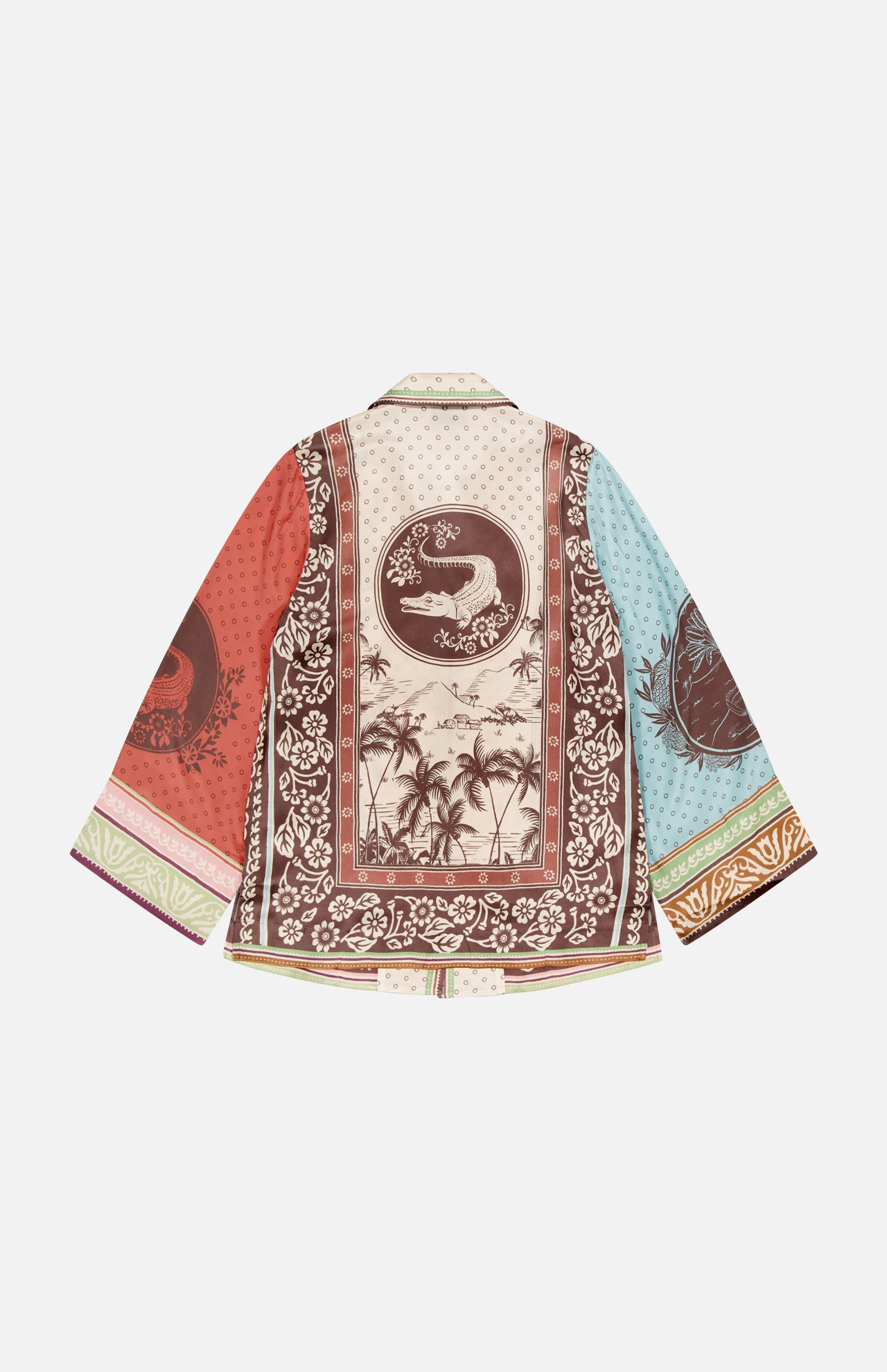 The Alberta Silk Relaxed-fit Shirt by ALEMAIS features long sleeves and a patchwork design in red, beige, brown, and blue with tropical, animal, and floral motifs—snake and palm tree details on the back make it ideal for resort wear.