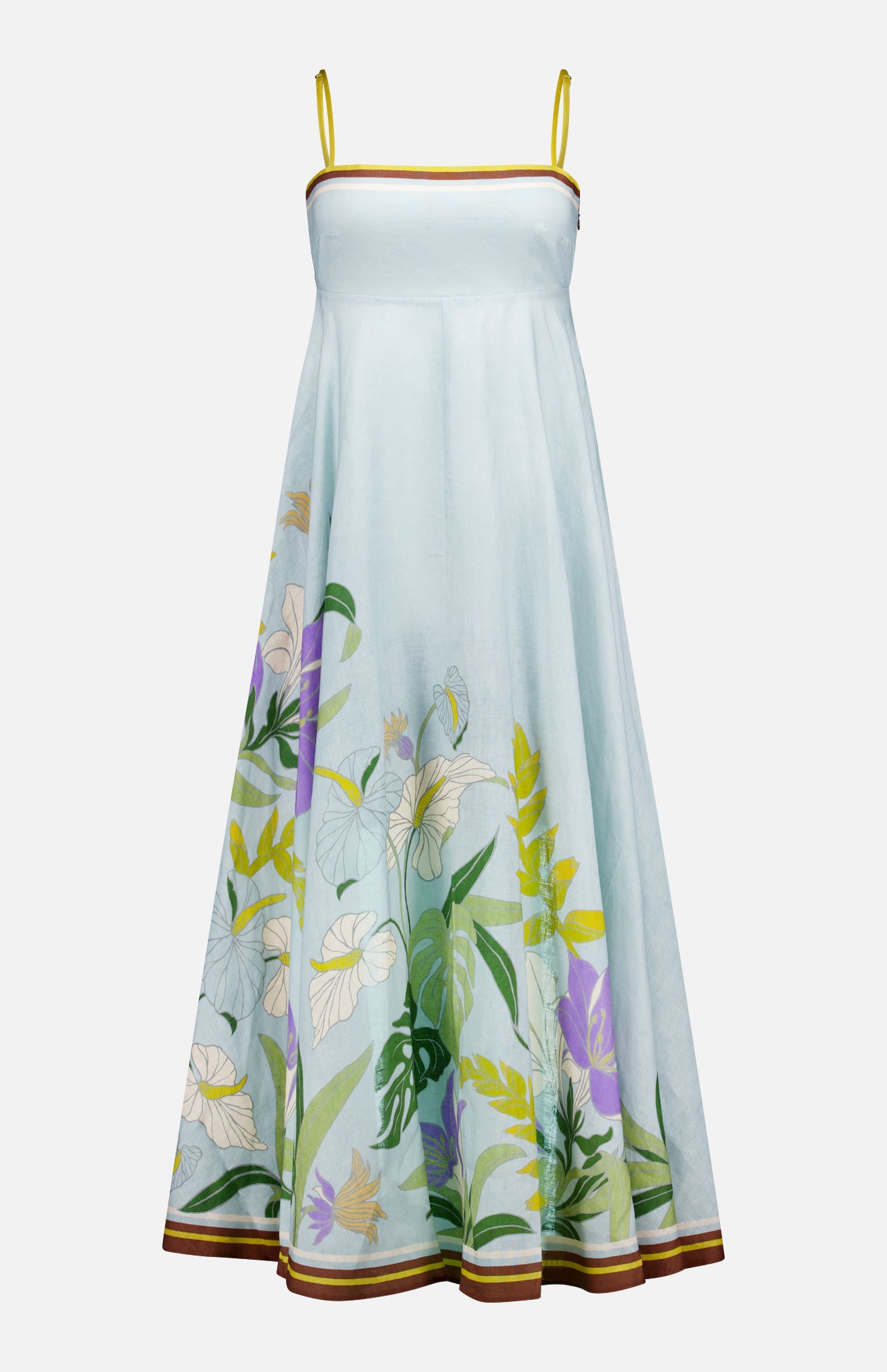 The Alfie Midi Floral Sundress by ALEMAIS features a pale blue base, yellow straps, and an artistic floral print with white, green, and purple flowers near the hem, finished with a brown trim along the bottom edge.
