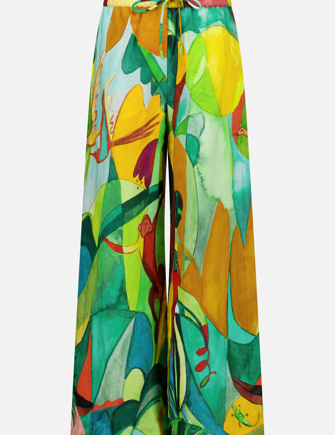 The ALEMAIS Mokshini Artist Collab Pant features a colorful abstract leaf and plant print in green, yellow, red, and blue. With flowy lightweight fabric and a drawstring waist, these wide-leg pants are perfect for warm days.