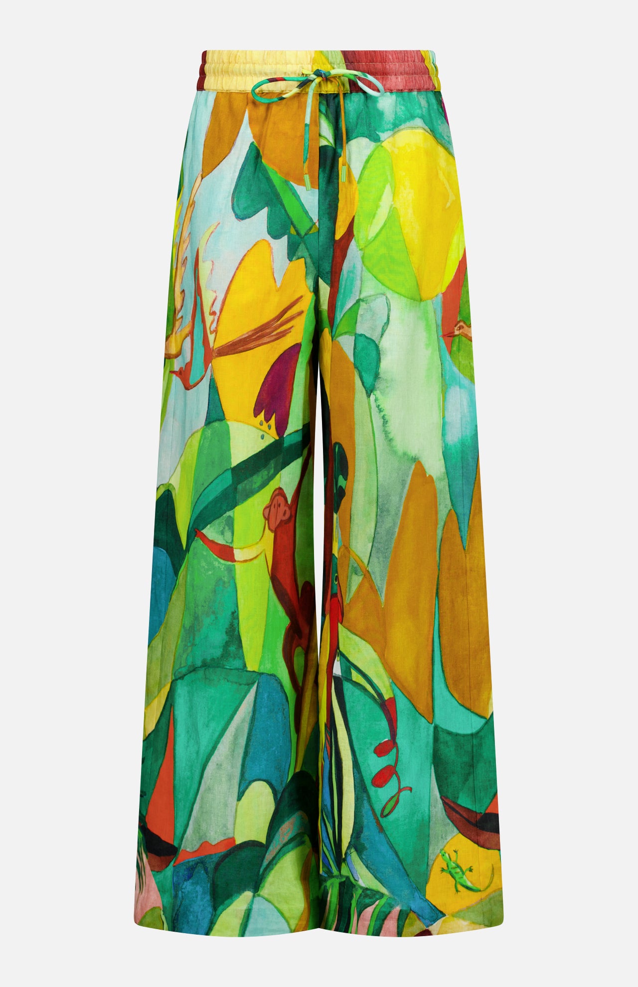 The ALEMAIS Mokshini Artist Collab Pant features a colorful abstract leaf and plant print in green, yellow, red, and blue. With flowy lightweight fabric and a drawstring waist, these wide-leg pants are perfect for warm days.