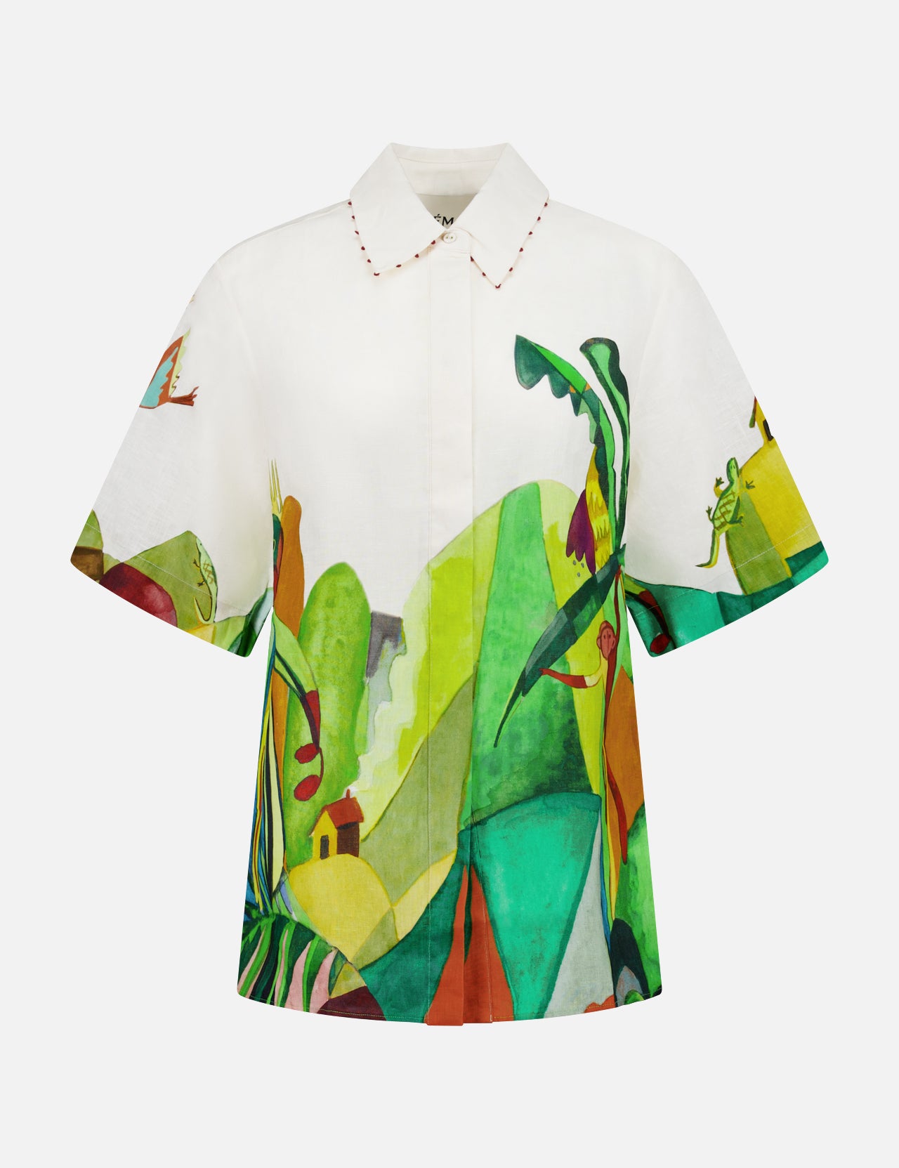 The ALEMAIS Mokshini Artist Collab Shirt is a short-sleeve, collared button-up vacation shirt with a vibrant nature-inspired print featuring green leaves, plants, and accents of red, yellow, and blue on a white background.