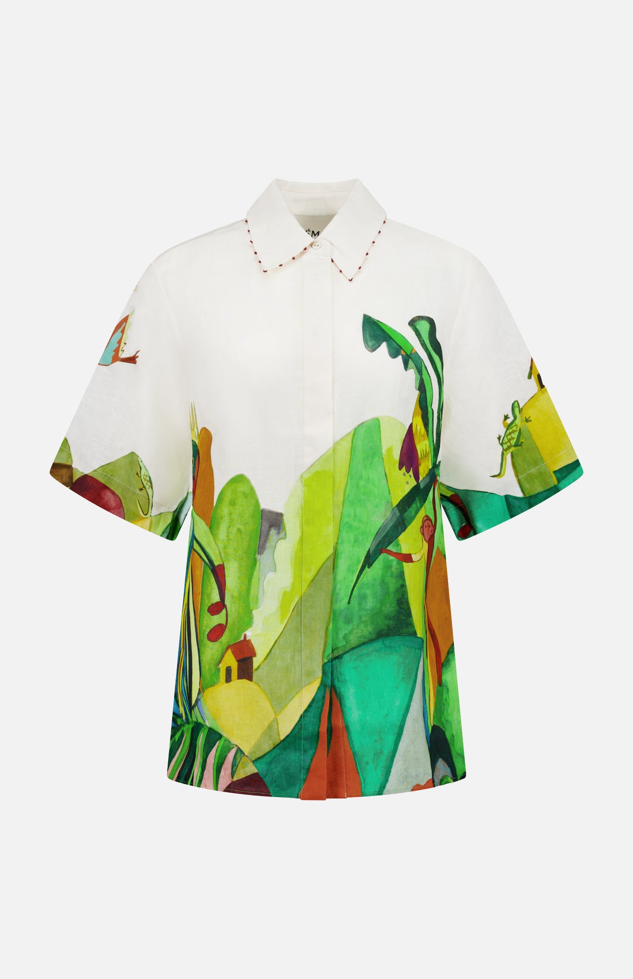 The ALEMAIS Mokshini Artist Collab Shirt is a short-sleeve, collared button-up vacation shirt with a vibrant nature-inspired print featuring green leaves, plants, and accents of red, yellow, and blue on a white background.