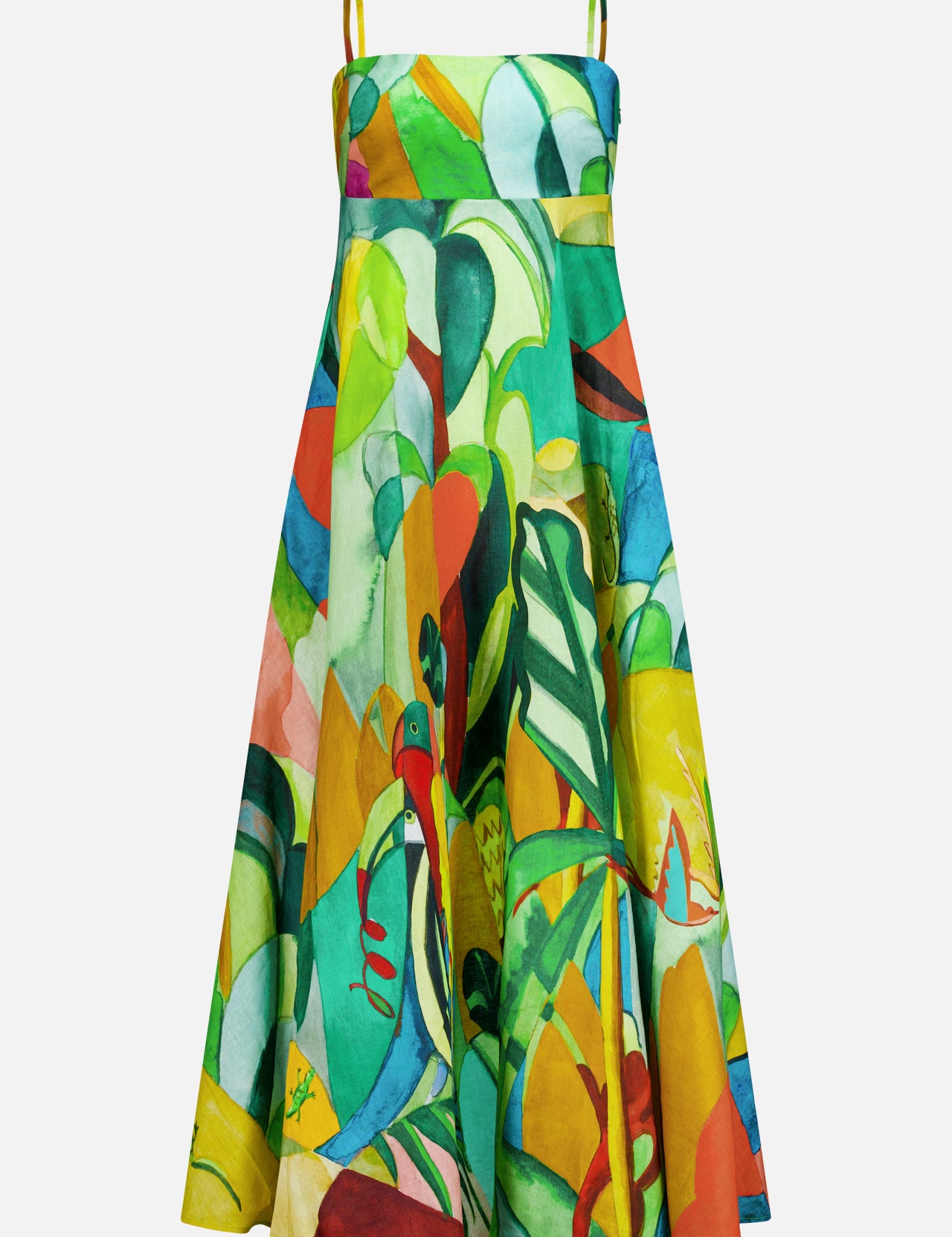 The Mokshini Artist Collab Sundress by ALEMAIS is a sleeveless, A-line linen dress with thin straps, showcasing a bold, vibrant abstract pattern in green, yellow, red, and blue that resembles a colorful painting.