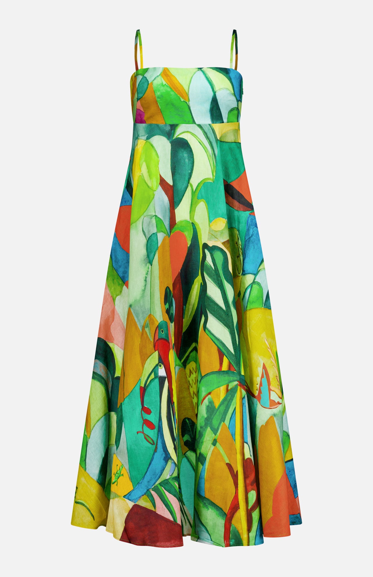 The Mokshini Artist Collab Sundress by ALEMAIS is a sleeveless, A-line linen dress with thin straps, showcasing a bold, vibrant abstract pattern in green, yellow, red, and blue that resembles a colorful painting.