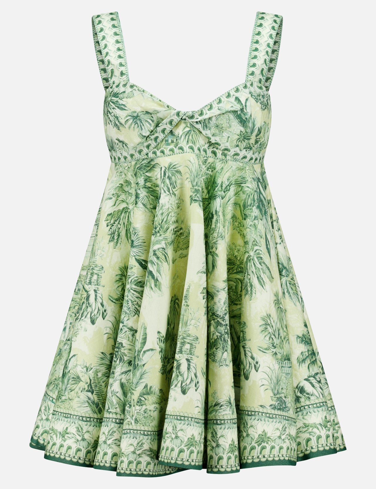 The ALEMAIS Sara Mini Twist Sundress is a sleeveless, flared green and white mini dress with a tropical palm print and decorative green stitching—perfect for sunny days.