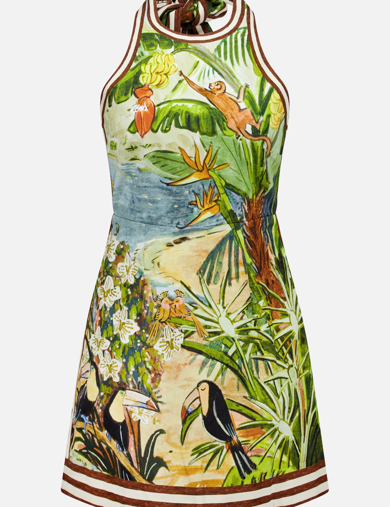 The Toucan Tango Halter Mini Dress by ALEMAIS features a vibrant tropical jungle print with toucans, a swinging monkey, flowers, and lush foliage—perfect for resort style on a light background.