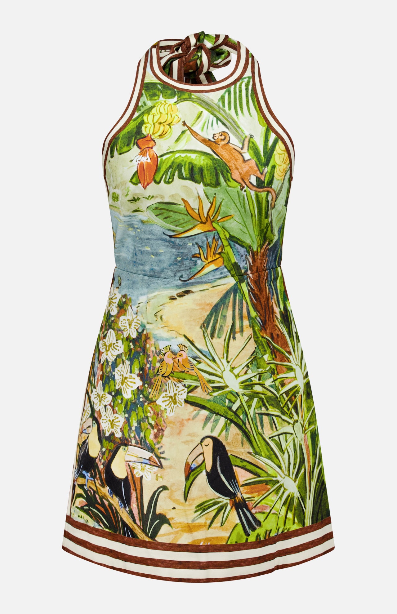 The Toucan Tango Halter Mini Dress by ALEMAIS features a vibrant tropical jungle print with toucans, a swinging monkey, flowers, and lush foliage—perfect for resort style on a light background.