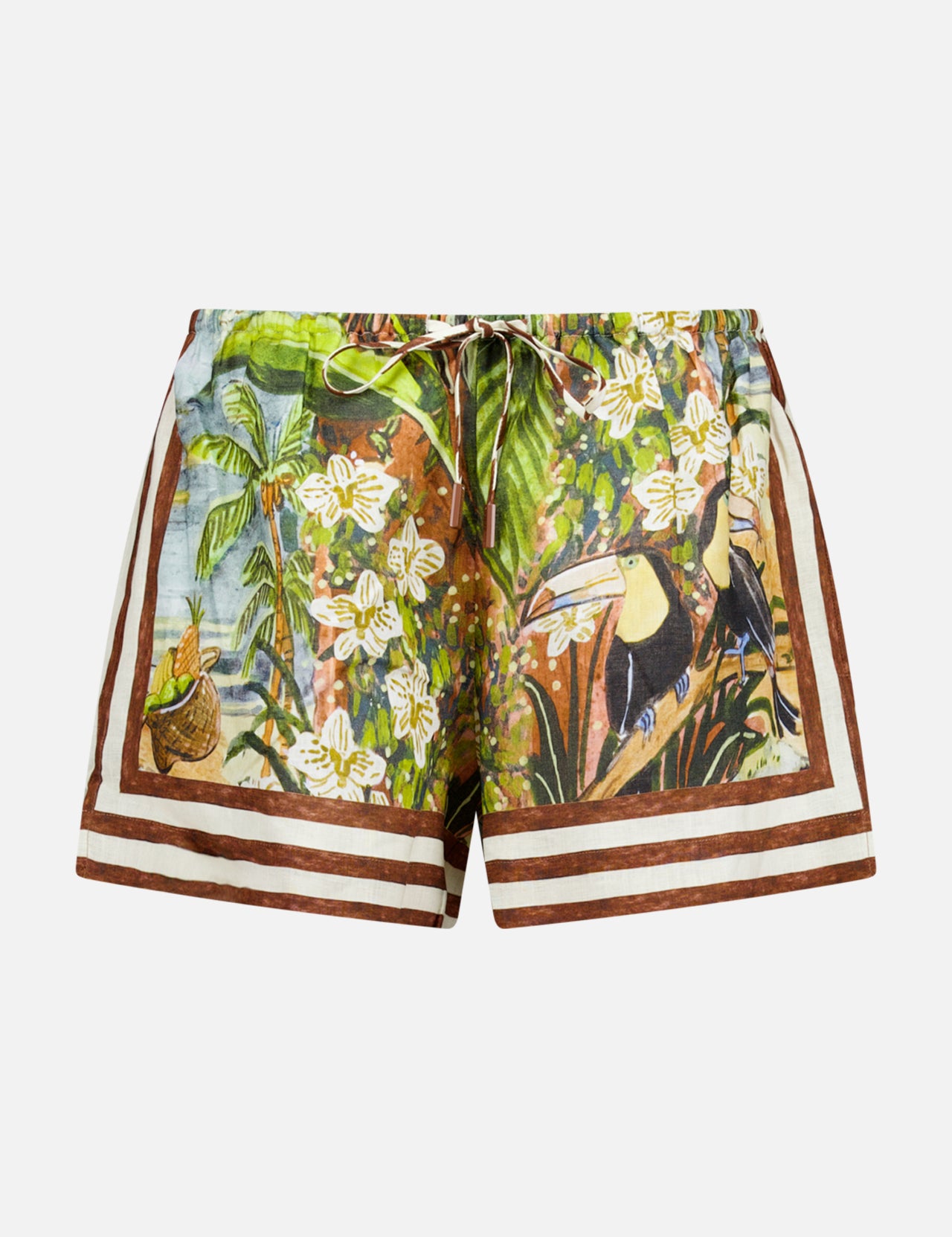 The ALEMAIS Toucan Tango Linen Short features a tropical print with green palm trees, white flowers, brown borders, and toucans—ideal for effortless vacation style.