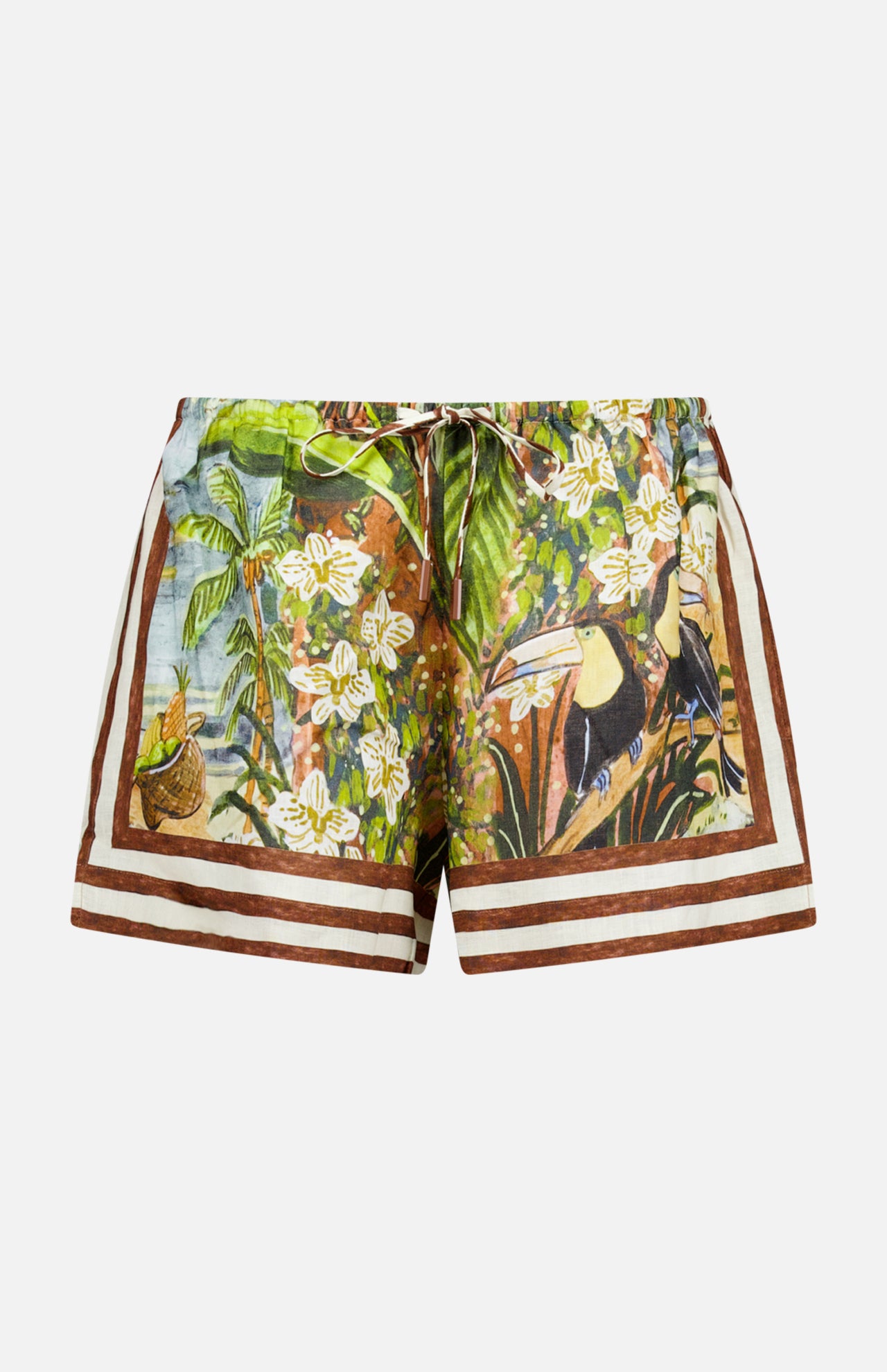 The ALEMAIS Toucan Tango Linen Short features a tropical print with green palm trees, white flowers, brown borders, and toucans—ideal for effortless vacation style.