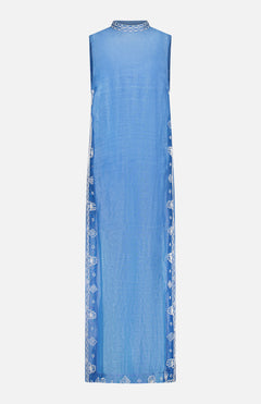 The ALEMAIS Yasmeen Embellished Midi Dress features a sleeveless blue design with a high neckline, white geometric embroidery, and artisanal beading—ideal for resort wear. Shown on a plain white background.