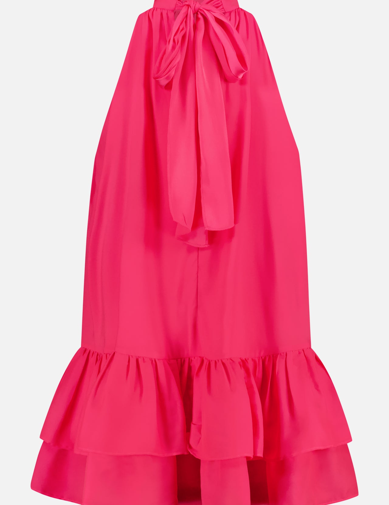 The Erna Halter Neck Mini Dress by ALICE + OLIVIA features a bright pink hue, bow-tied halter neckline, ruffled hem, and layered, voluminous skirt with a loose silhouette—perfect for making a statement at any party.