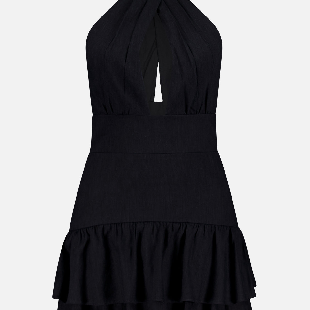 Evelina Twist Neck Halter Ruffle Mini Dress (14693706629483)