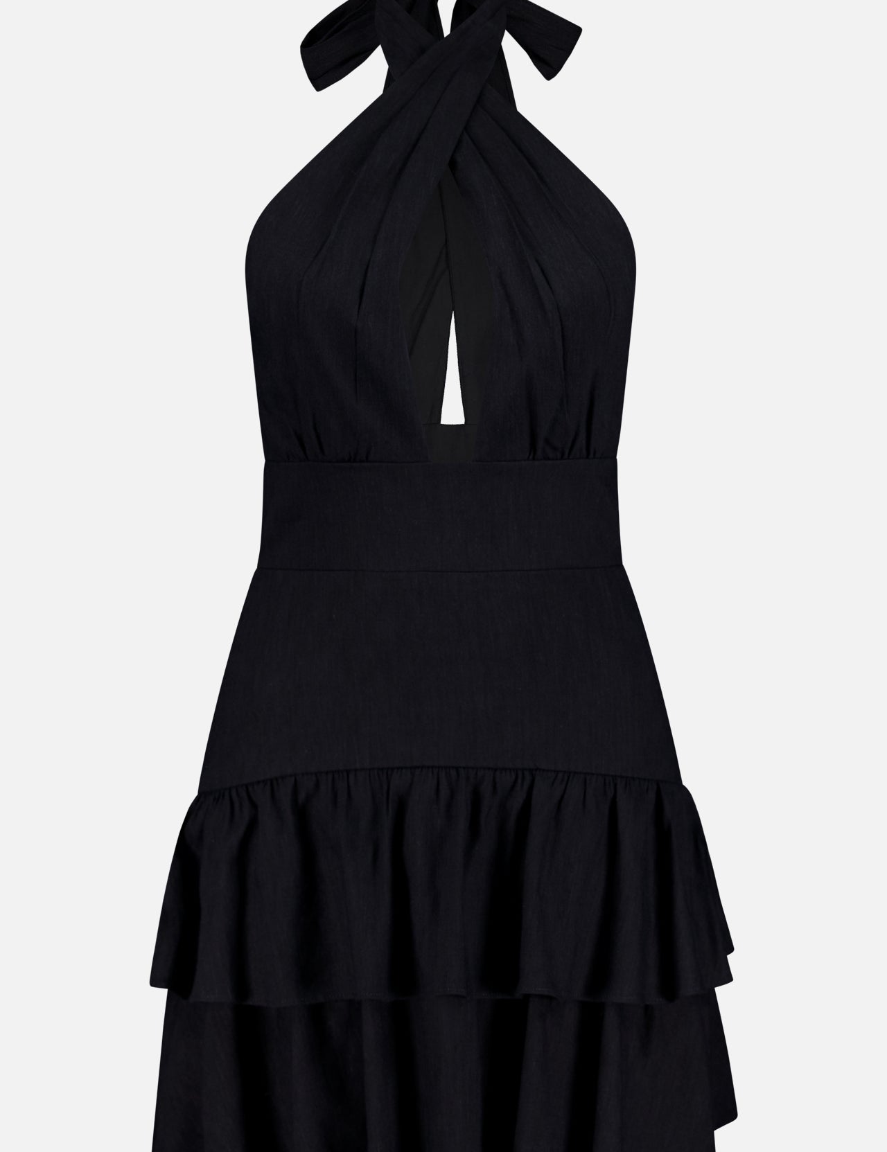 The ALICE + OLIVIA Evelina Twist Neck Halter Ruffle Mini Dress is a sleeveless black mini dress with a crisscross halter neckline, chest keyhole cutout, fitted waist, and tiered ruffle hem, shown on a plain white background.