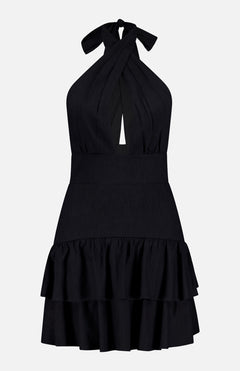 ALICE + OLIVIAEvelina Twist Neck Halter Ruffle Mini DressA.K. Rikk's