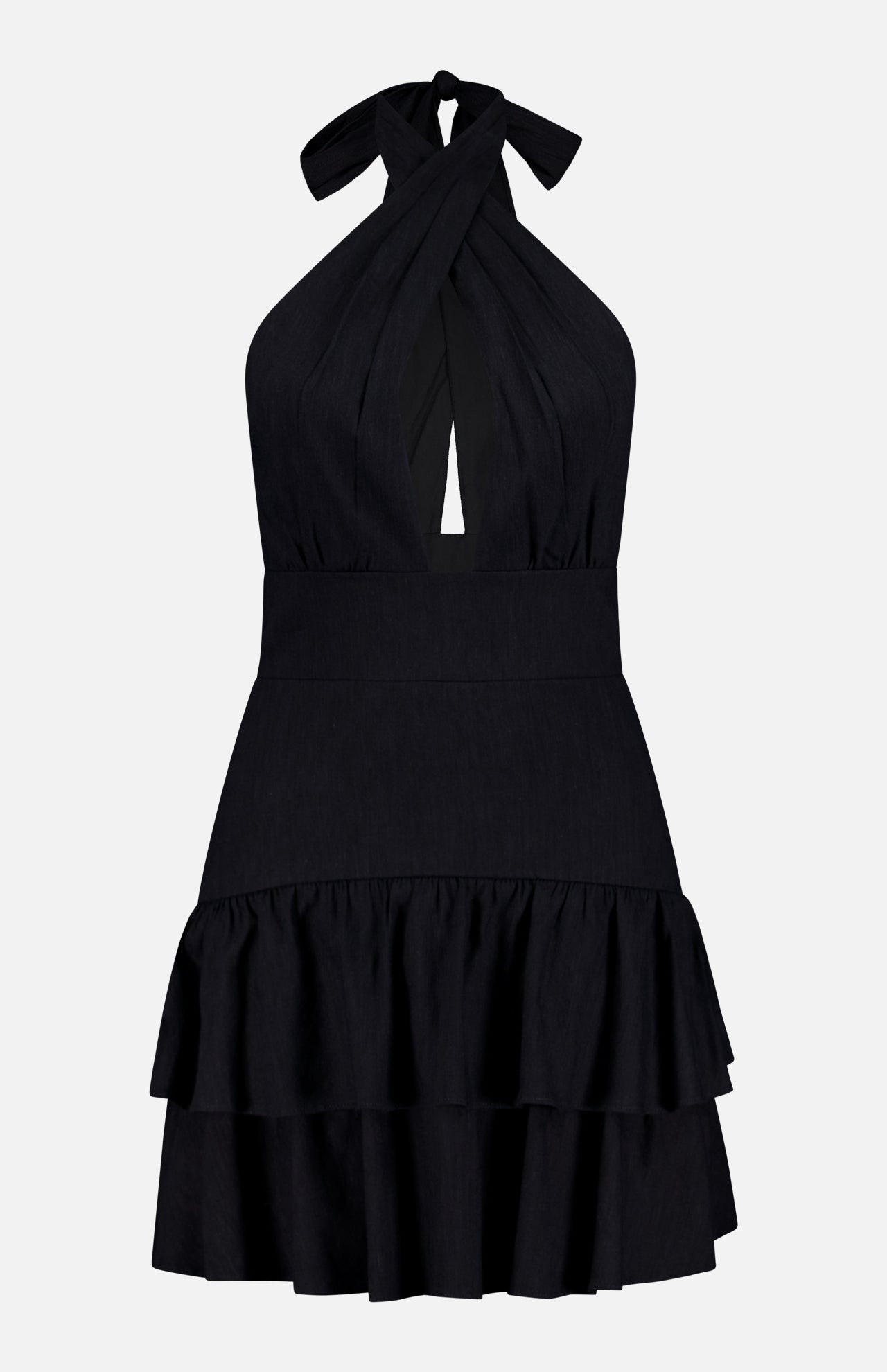 Evelina Twist Neck Halter Ruffle Mini Dress (14693706629483)
