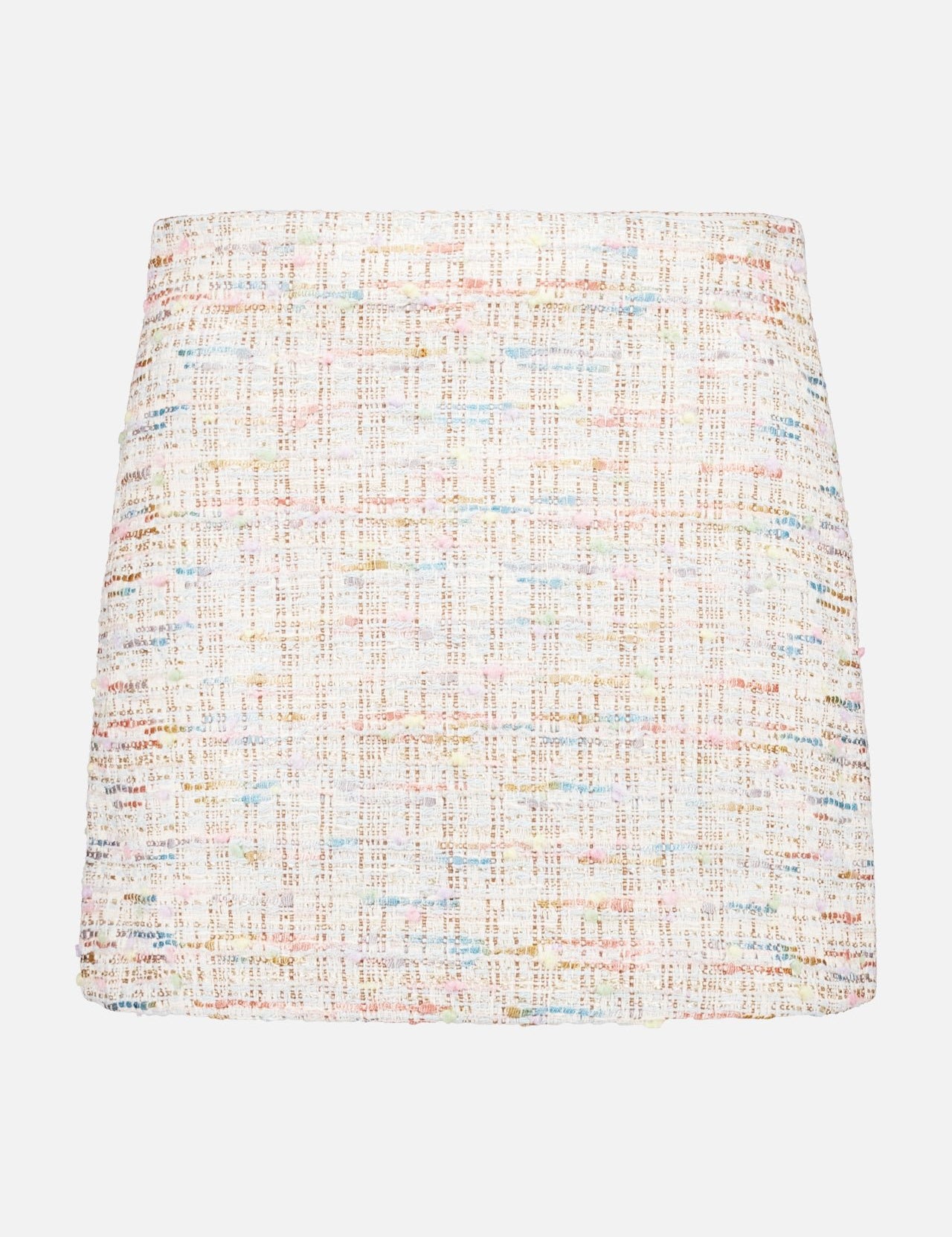 The Riley Tweed A-Line Skirt by ALICE + OLIVIA is a high-waisted pastel mini with a preppy pink, blue, and yellow plaid pattern on white, shown against a plain white backdrop.