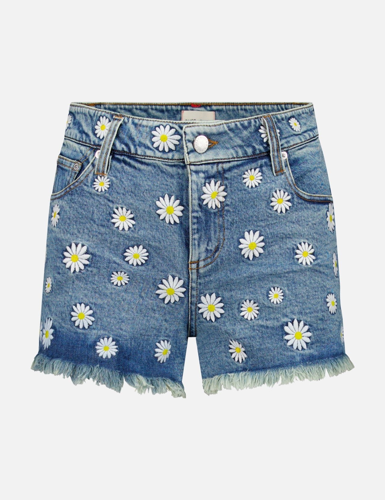 The Warren Embroidered Denim Short by ALICE + OLIVIA features a high-rise fit, blue wash, frayed hem, and charming white daisy embroidery with yellow centers.