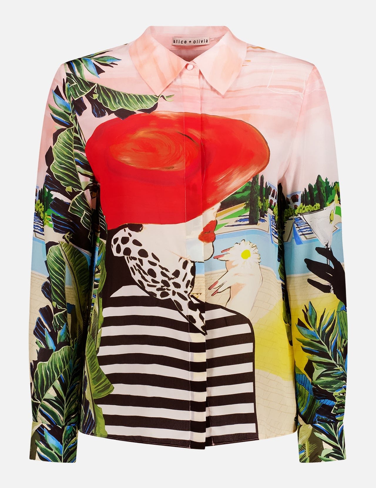 The Willa Top by ALICE + OLIVIA is a vibrant long-sleeve women's blouse featuring an artistic print of a woman in a red hat, black-and-white stripes, and a tropical beach scene with lush leaves and blue water.