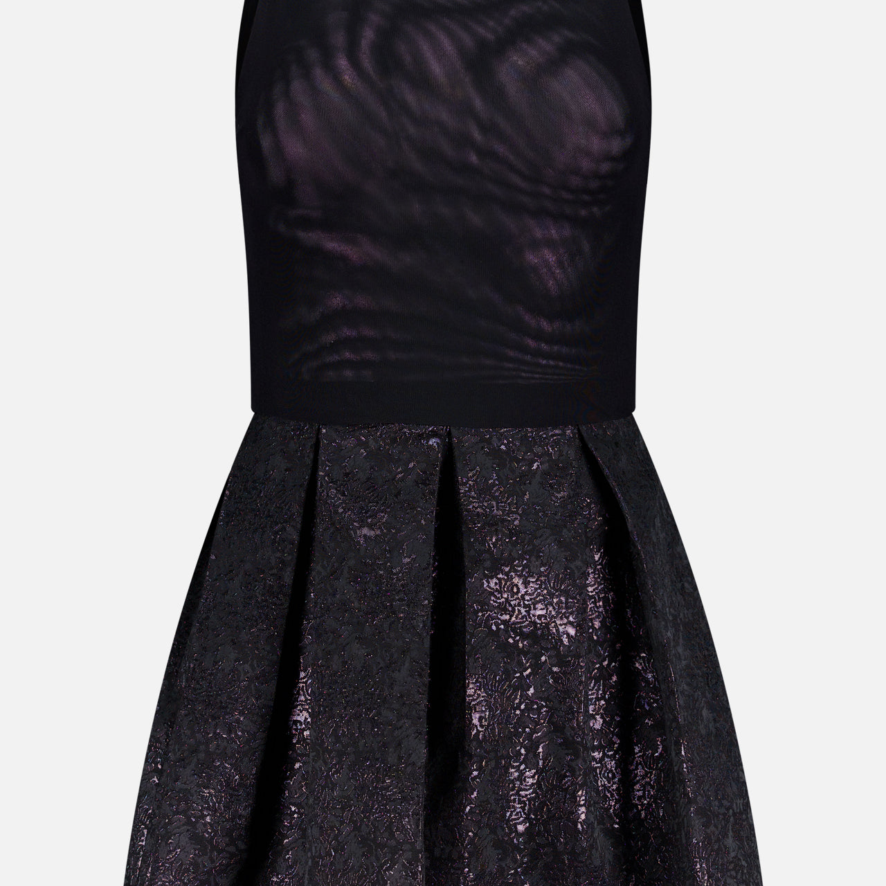 The Chara Embellished Neckline Sleeveless Mini Dress by ALICE + OLIVIA features a fitted sheer top, pleated jacquard skirt, and a pearl and gem-adorned neckline for an elegant formal look.