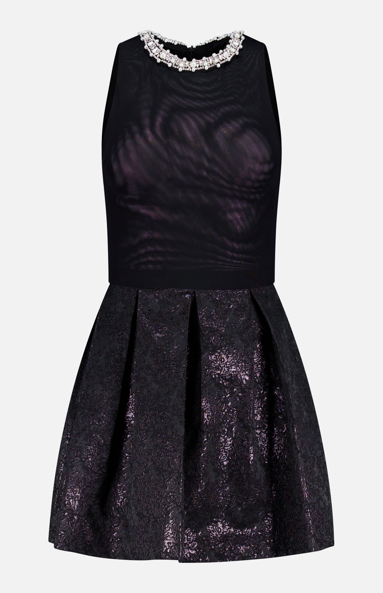 The Chara Embellished Neckline Sleeveless Mini Dress by ALICE + OLIVIA features a fitted sheer top, pleated jacquard skirt, and a pearl and gem-adorned neckline for an elegant formal look.