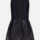 The ALICE + OLIVIA Chara Embellished Neckline Sleeveless Mini Dress is a knee-length black dress with a fitted bodice and jacquard floral skirt, finished with a center-back zipper.