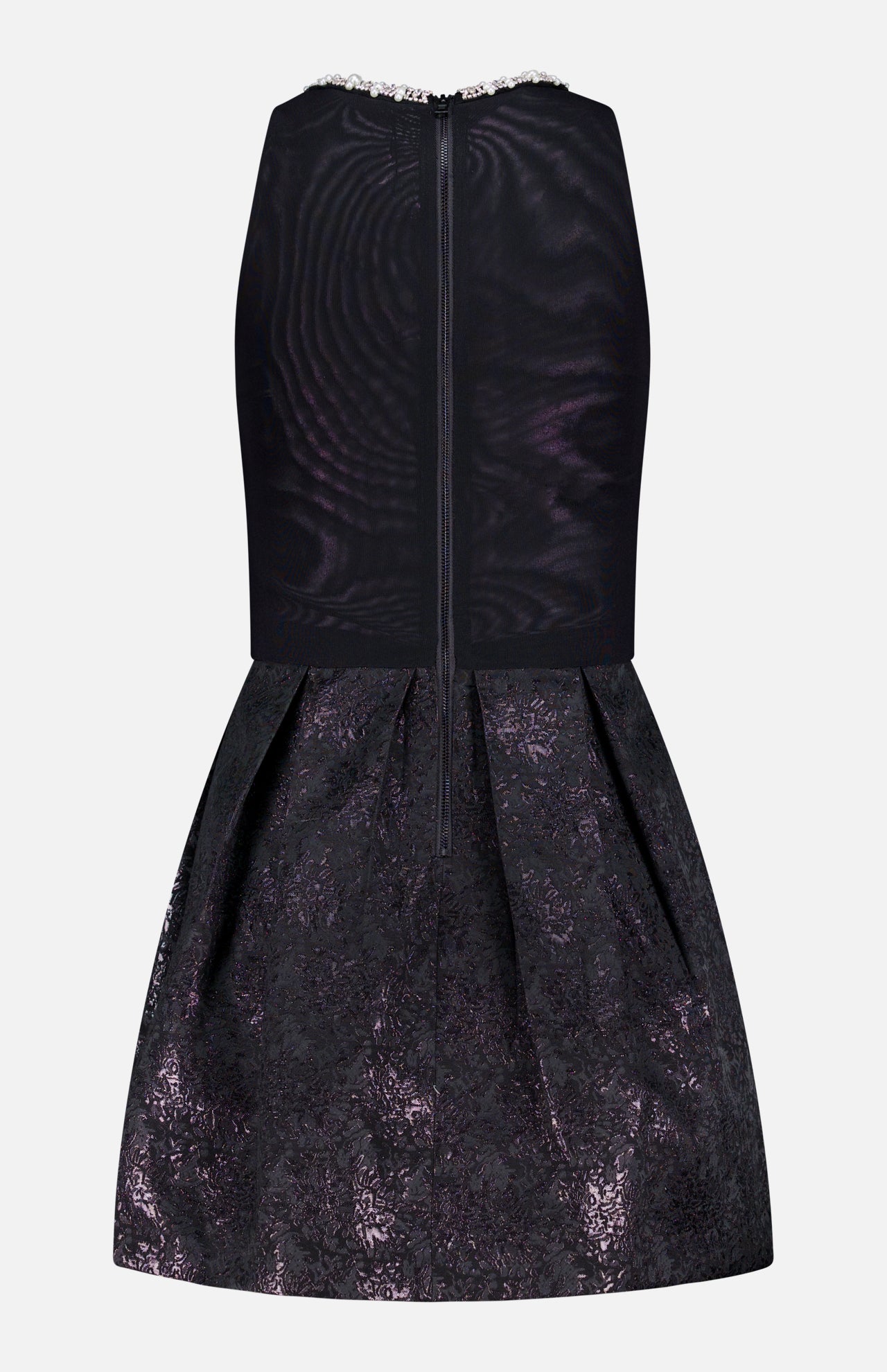 The ALICE + OLIVIA Chara Embellished Neckline Sleeveless Mini Dress is a knee-length black dress with a fitted bodice and jacquard floral skirt, finished with a center-back zipper.