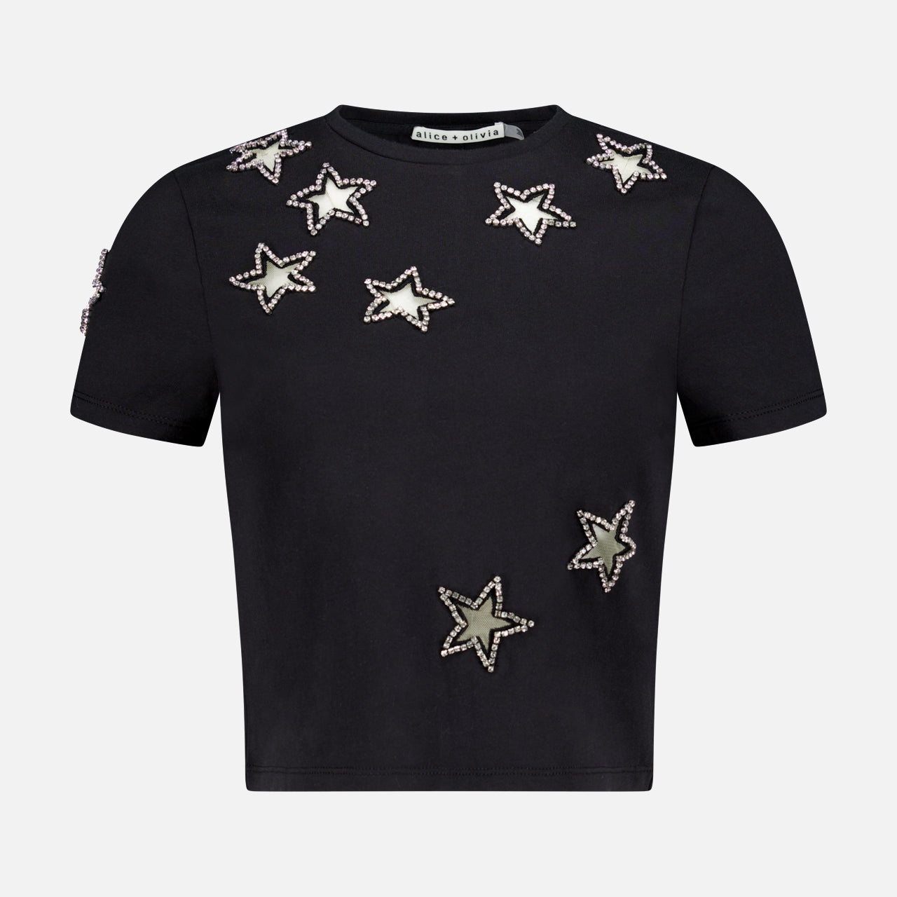 The ALICE + OLIVIA Cindy Cropped T-shirt features crystal star cutouts in silver and white across the front, shoulders, and sleeves—an ideal women's night-out top.