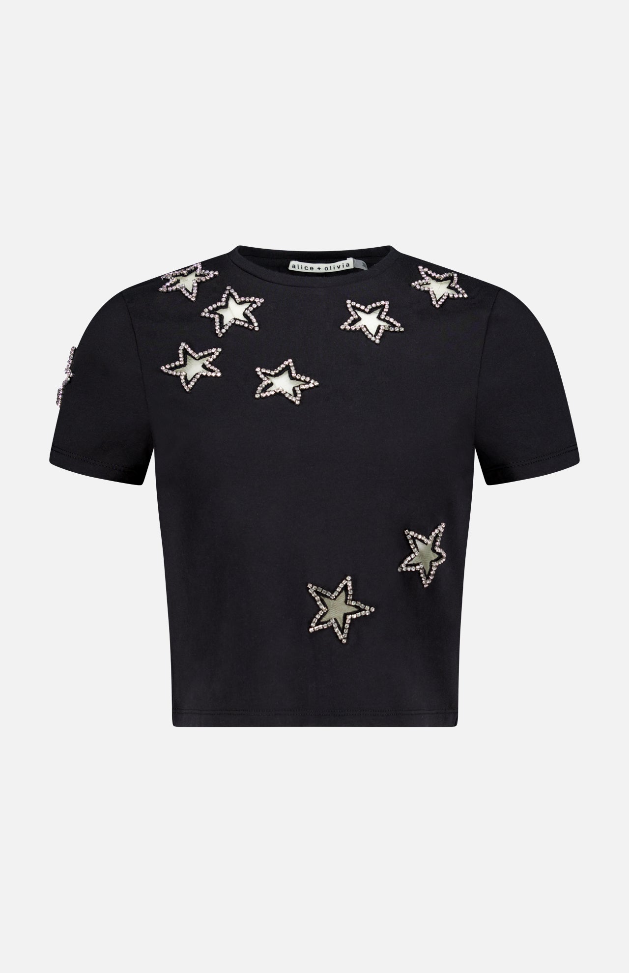 The ALICE + OLIVIA Cindy Cropped T-shirt features crystal star cutouts in silver and white across the front, shoulders, and sleeves—an ideal women's night-out top.