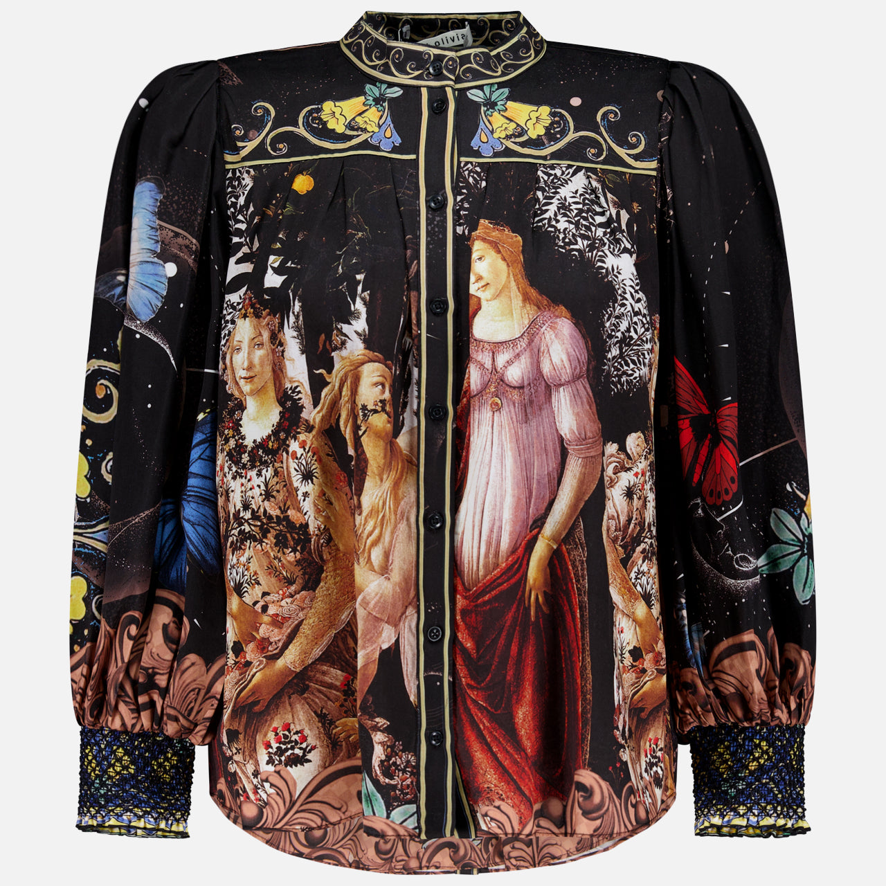 The Cora Voluminous Long Sleeve Blouse by ALICE + OLIVIA is a black satin top with blouson sleeves, featuring a vibrant Renaissance-inspired print of women, flowers, and butterflies, plus embroidered cuffs and collar for an elegant touch.