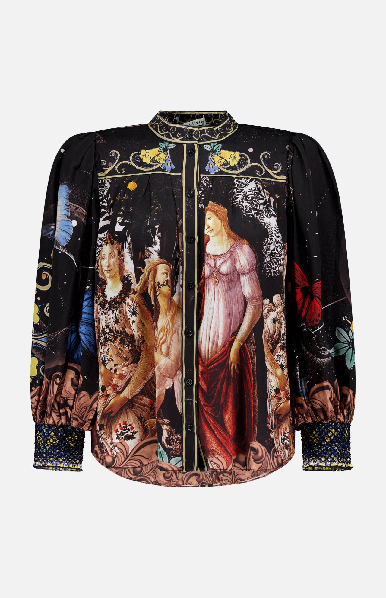 The Cora Voluminous Long Sleeve Blouse by ALICE + OLIVIA is a black satin top with blouson sleeves, featuring a vibrant Renaissance-inspired print of women, flowers, and butterflies, plus embroidered cuffs and collar for an elegant touch.