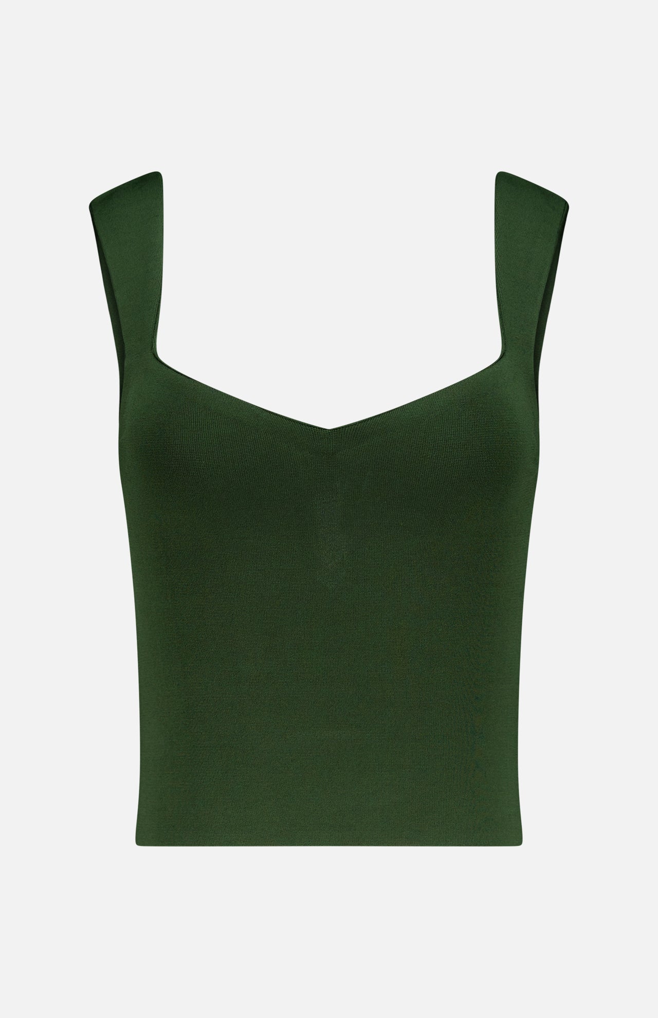 The Edin Sweetheart Tank Top by ALICE + OLIVIA is a sleeveless, dark olive cropped top with thick straps and a slight sweetheart neckline, shown against a white background.