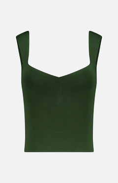 The Edin Sweetheart Tank Top by ALICE + OLIVIA is a sleeveless, dark olive cropped top with thick straps and a slight sweetheart neckline, shown against a white background.