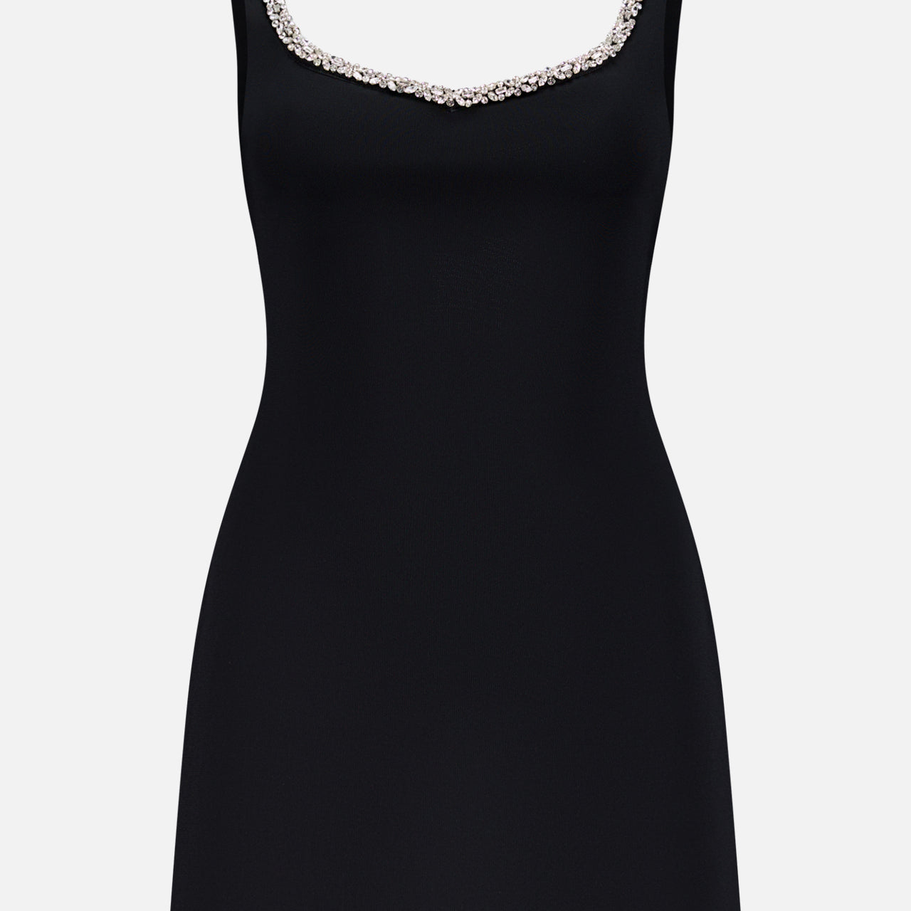 The Eve Embellished Trim Sweetheart Mini Dress by ALICE + OLIVIA is a sleeveless black mini dress with a fitted silhouette and crystal embellished trim, shown against a plain white background.