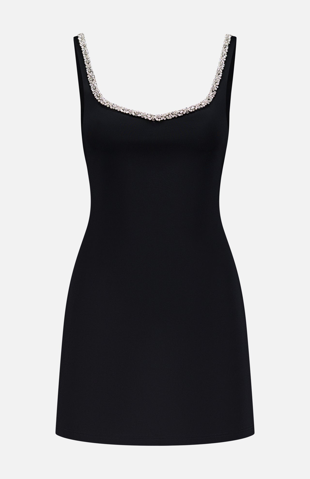 The Eve Embellished Trim Sweetheart Mini Dress by ALICE + OLIVIA is a sleeveless black mini dress with a fitted silhouette and crystal embellished trim, shown against a plain white background.