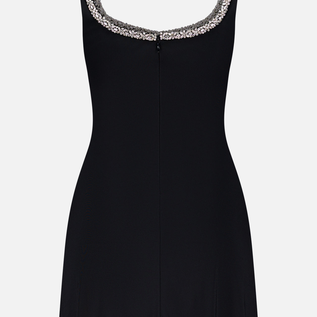 The Eve Embellished Trim Sweetheart Mini Dress by ALICE + OLIVIA is a sleeveless black mini with sparkling silver trim, shown on a plain white background for a striking, minimalist look.
