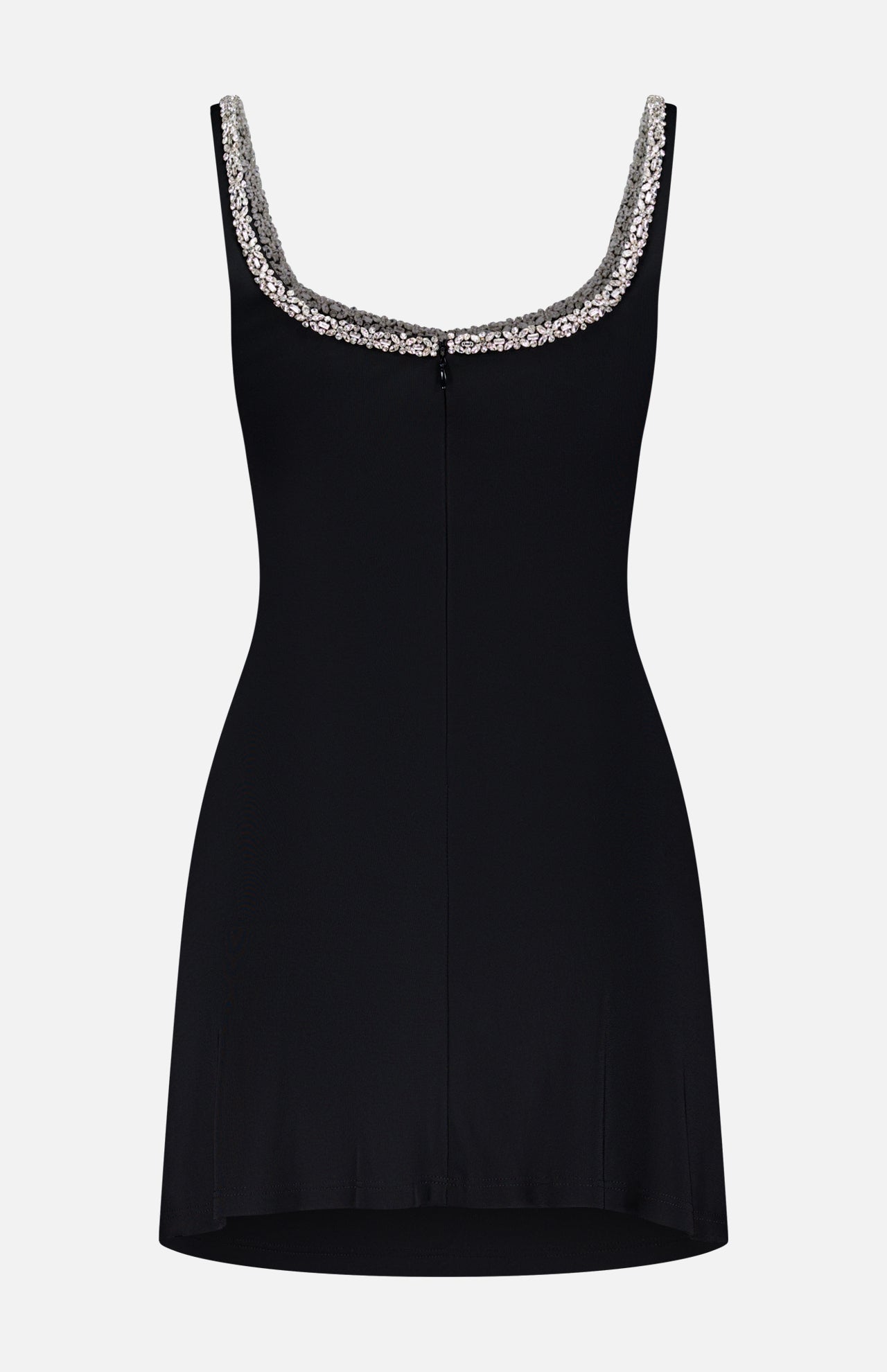 The Eve Embellished Trim Sweetheart Mini Dress by ALICE + OLIVIA is a sleeveless black mini with sparkling silver trim, shown on a plain white background for a striking, minimalist look.