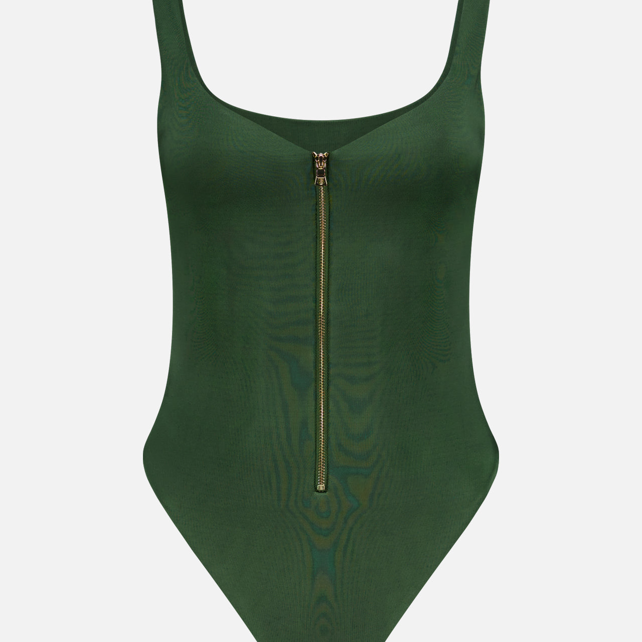 The Eve Zip Front Bodysuit Top by ALICE + OLIVIA is a dark green one-piece with a sculpting fit, thick shoulder straps, and a vertical gold front zipper.