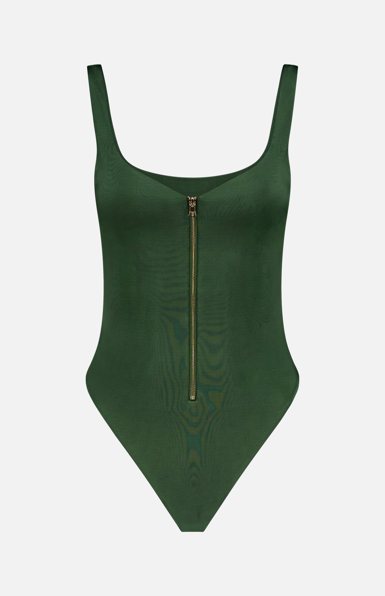 The Eve Zip Front Bodysuit Top by ALICE + OLIVIA is a dark green one-piece with a sculpting fit, thick shoulder straps, and a vertical gold front zipper.
