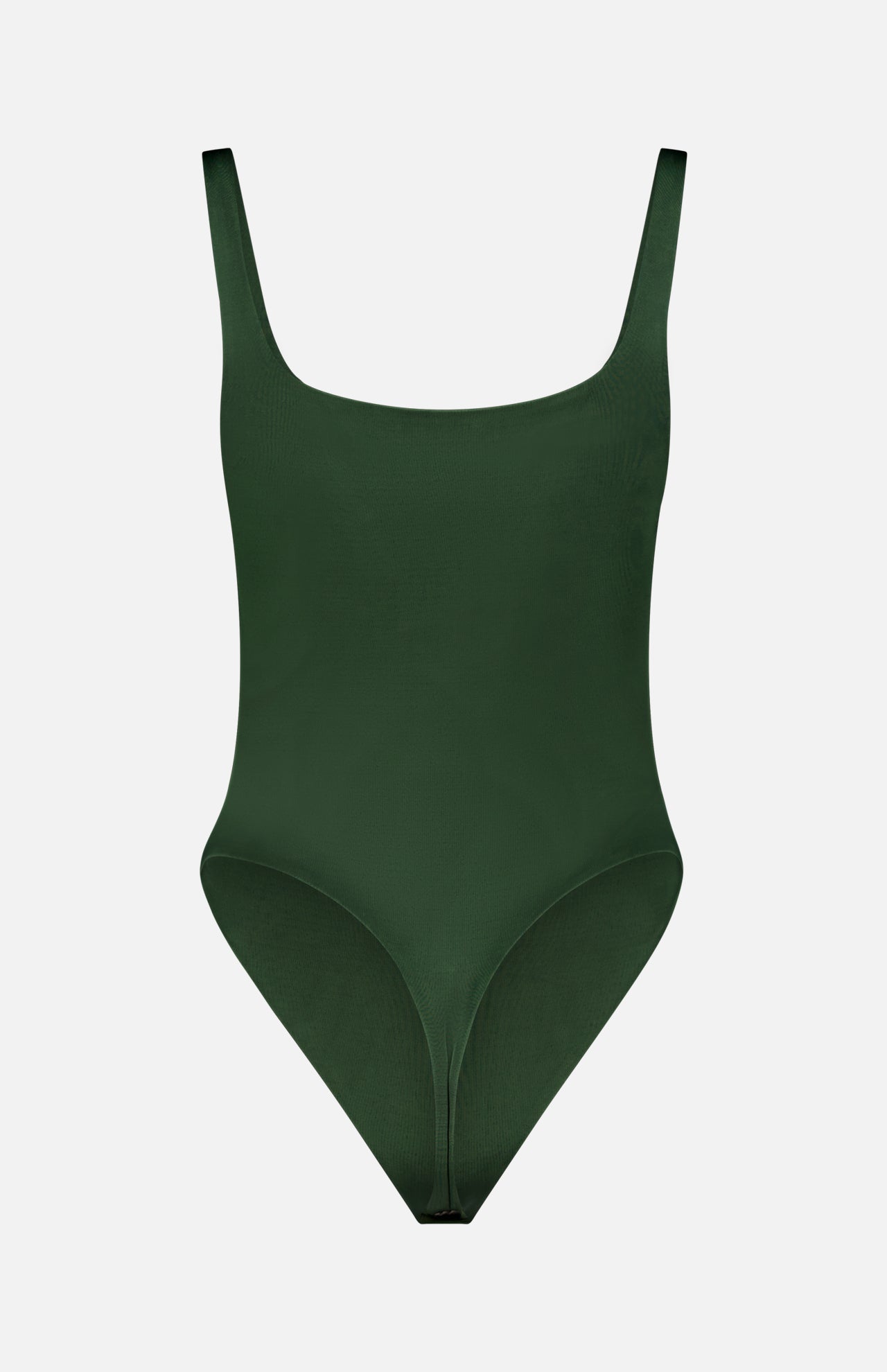 The Eve Zip Front Bodysuit Top by ALICE + OLIVIA is a dark green, sculpting one-piece with wide shoulder straps and a scoop neckline, shown against a plain white background.