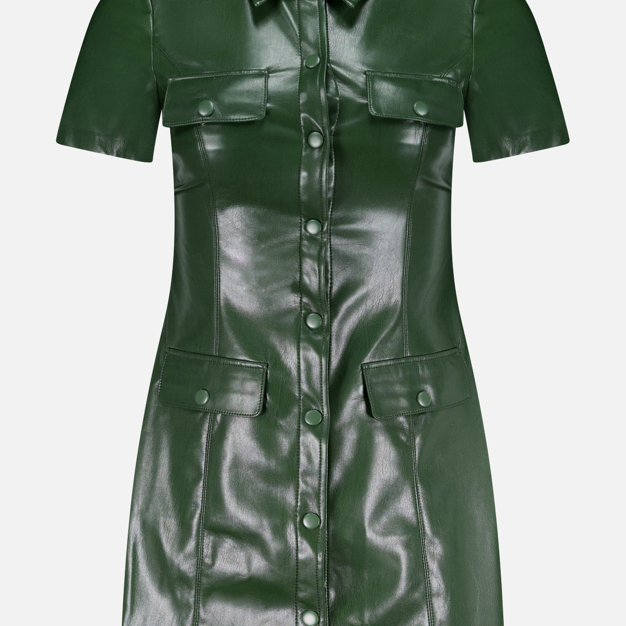 The Jamie Vegan Leather Collared Mini Dress by ALICE + OLIVIA features short sleeves, olive green faux leather, a collared neckline, front snap buttons, and four flap pockets on the chest and hips.