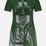 The Jamie Vegan Leather Collared Mini Dress by ALICE + OLIVIA features short sleeves, olive green faux leather, a collared neckline, front snap buttons, and four flap pockets on the chest and hips.