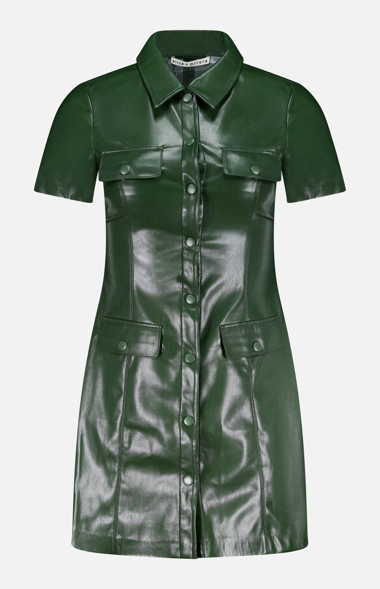 The Jamie Vegan Leather Collared Mini Dress by ALICE + OLIVIA features short sleeves, olive green faux leather, a collared neckline, front snap buttons, and four flap pockets on the chest and hips.